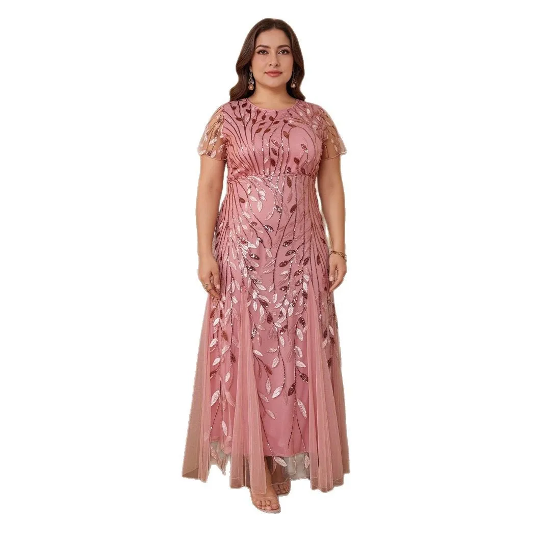 

Elegant Sequined Long Pink Formal Evening Dress With Short Sleeves