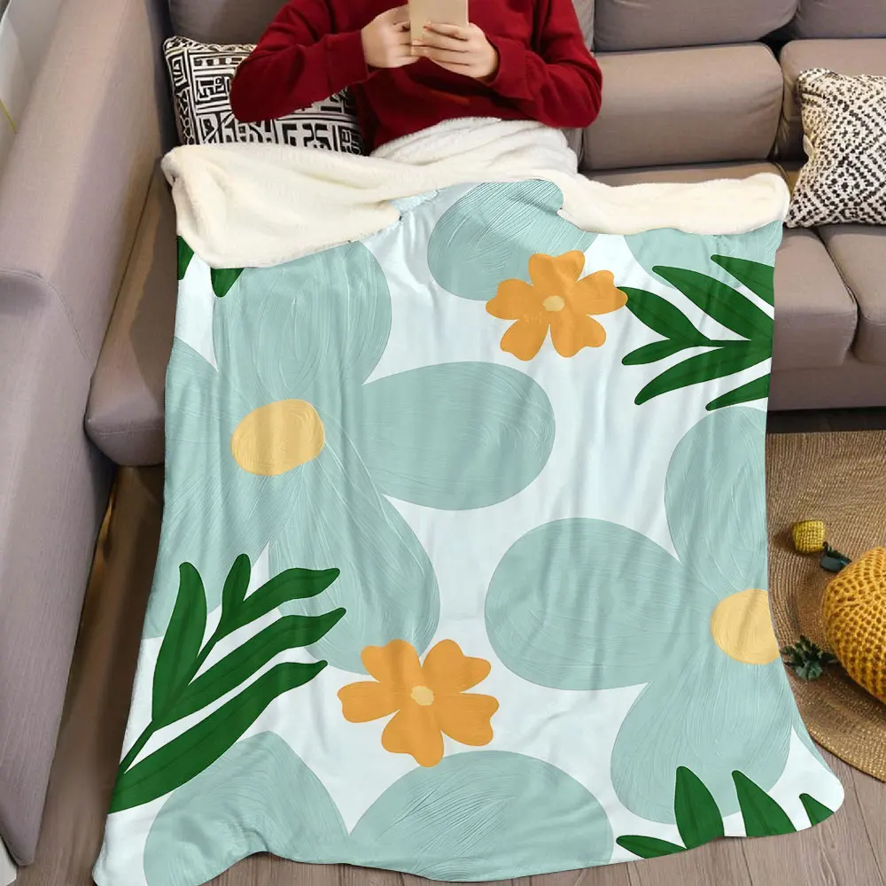 Mint Orange Minimal Floral Flannel Blanket Warm Soft Halloween Christmas Decorative Couch Warm Cozy All-Season Gift