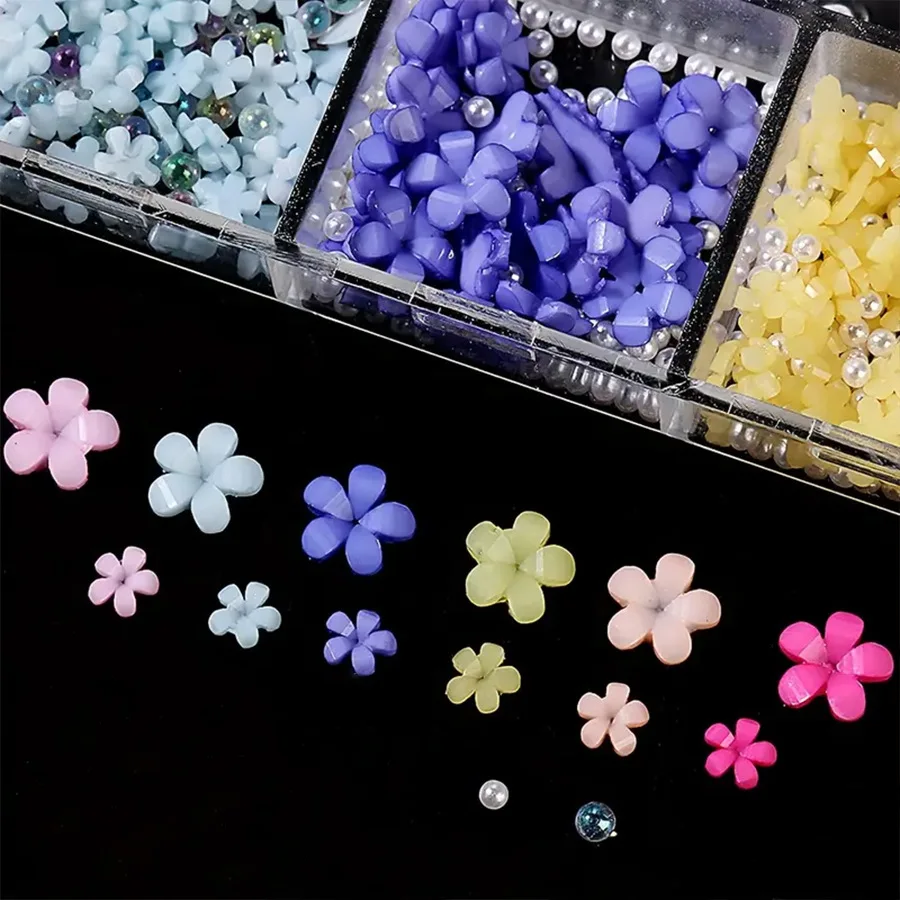 12 vigas 3D coloridas flores acrílicas para uñas con perlas mezcladas cuentas de Caviar lindo 5 pétalos florales DIY gemas para uñas suministros para uñas