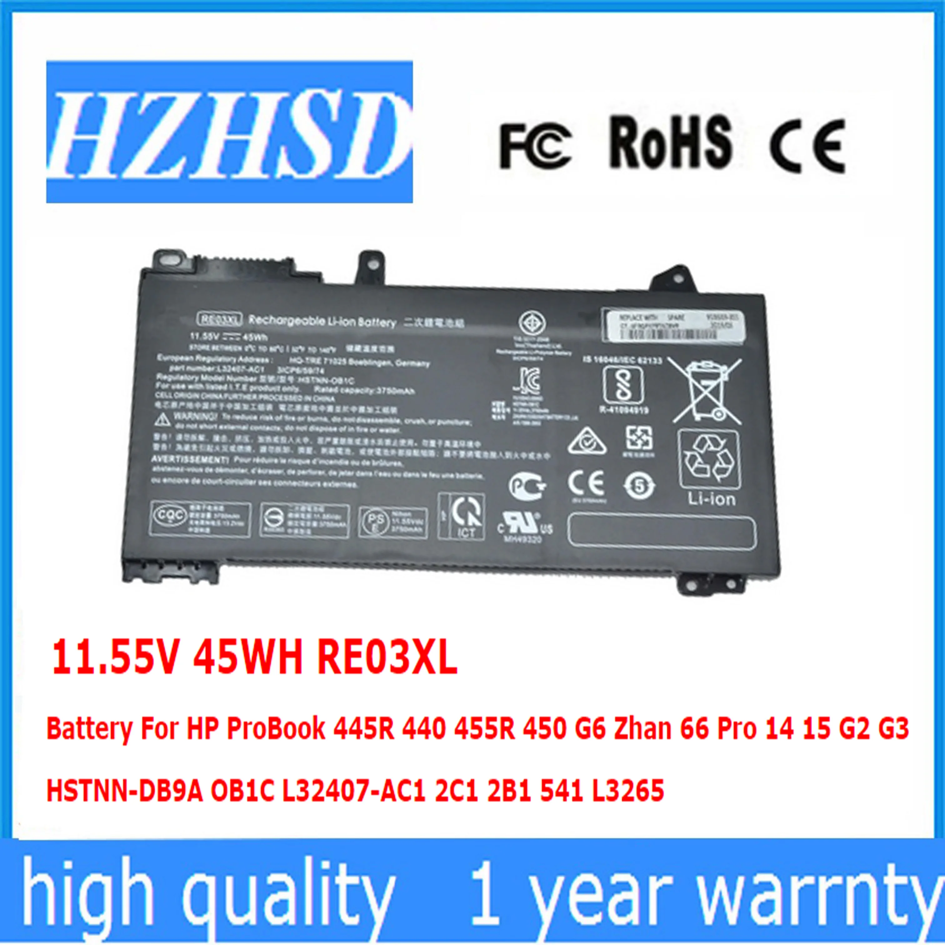 

RE03XL RF03XL Original 11.55V 45WH Battery For HP ProBook 445R 440 455R 450 G6 Zhan 66 Pro 14 15 G2 G3 HSTNN-DB9A OB1C L32407-AC