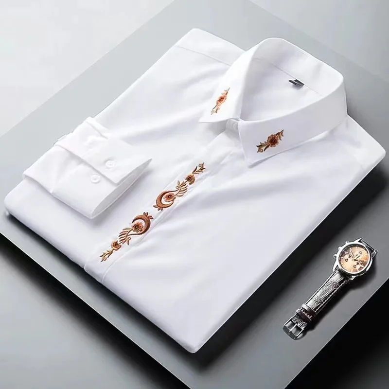 2021 High quality autumn new white shirt men's long sleeve slim fit non ironing embroidered shirt Korean simple casual top