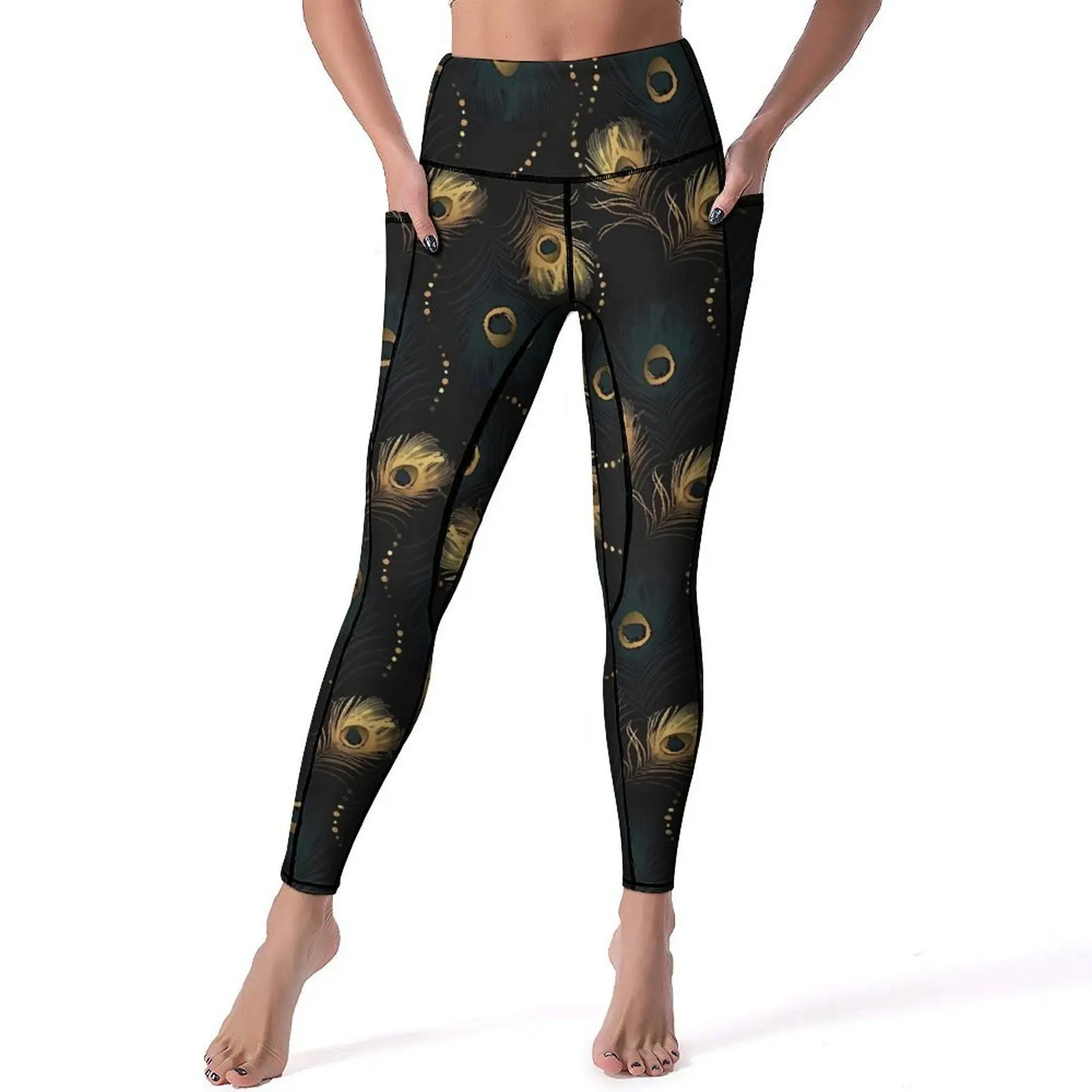 Golden Peacock Feather Yoga Pants Women Animal Leggings Push Up Novelty Yoga Legging Stretch Graphic Workout Gym Sport Pants