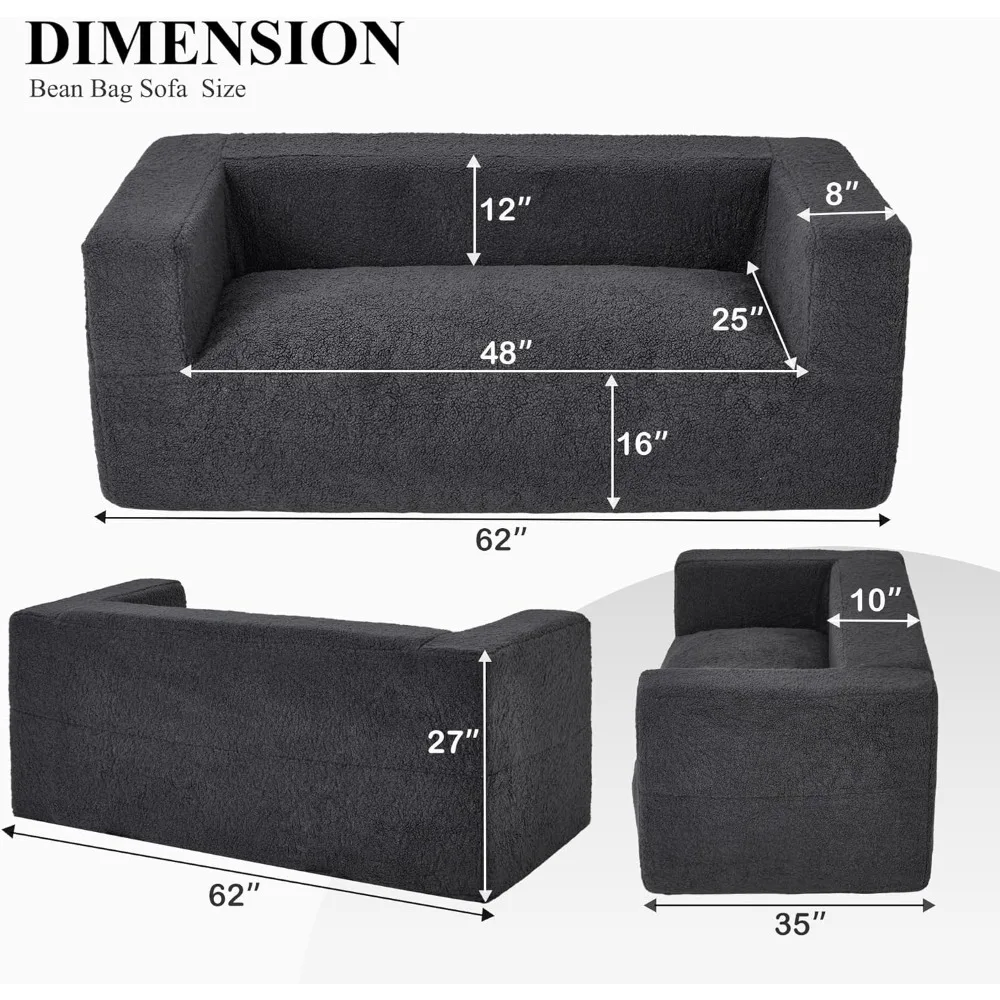 Soybean bag chair sofa, Super bean bag sofa, Memory foam filled floor sofa, wide armrest, living room, bedroom, apartment