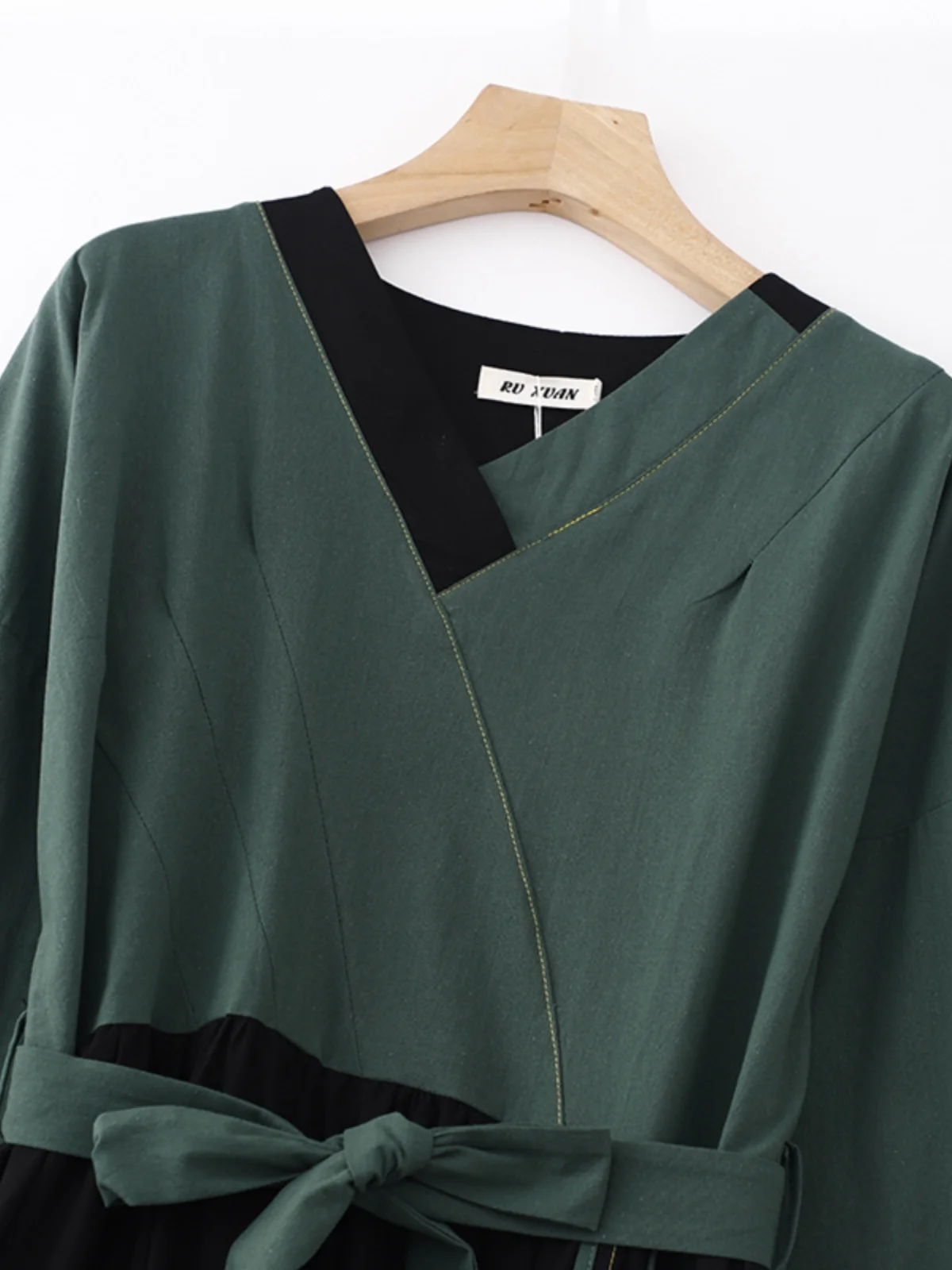 Ele Color Blo coton lin Dr femme taille cintrée ceinture longue V-Ne Dr Faionable jupe trapèze longue Sve