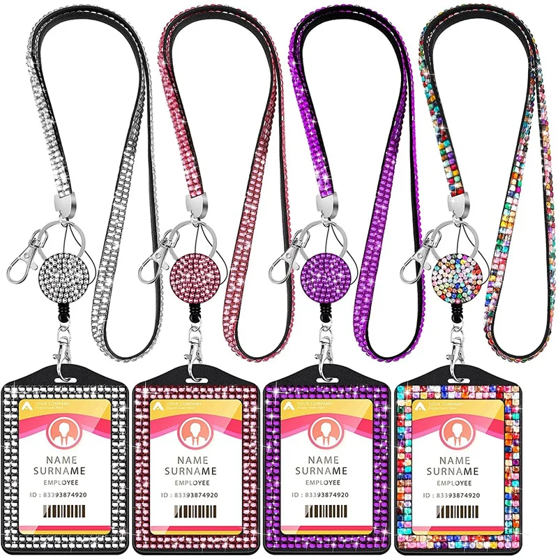 

4 Sets Rhinestone Lanyard ID Card Holder Crystal Retractable Badge Reel Rhinestone Neck Lanyard Card Holder