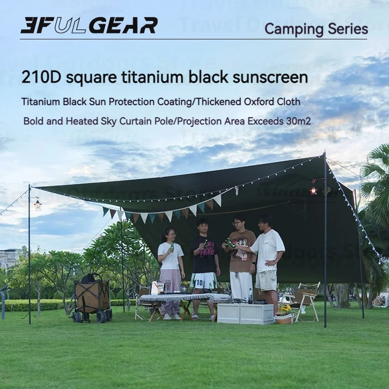 3F UL GEAR Camping Canopy 210D Titanium Black Square Canopy Sun Shelter Outdoor beach Travel Awning Waterproof PU5000mm+ Tarp