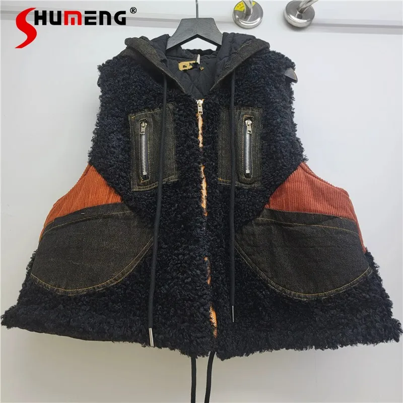 

Women 2025 Autumn Winter New Contrast Color Stylish Warm Chic Vest Personality Fashion Denim Vests Fleece Lined Hooded Tank Tops