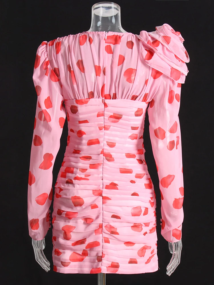 

2023 Female Clothes New Cut Out Ruched Patchwork Floral V Neck Long Sleeve High Waist Print Mini Women's Dress
