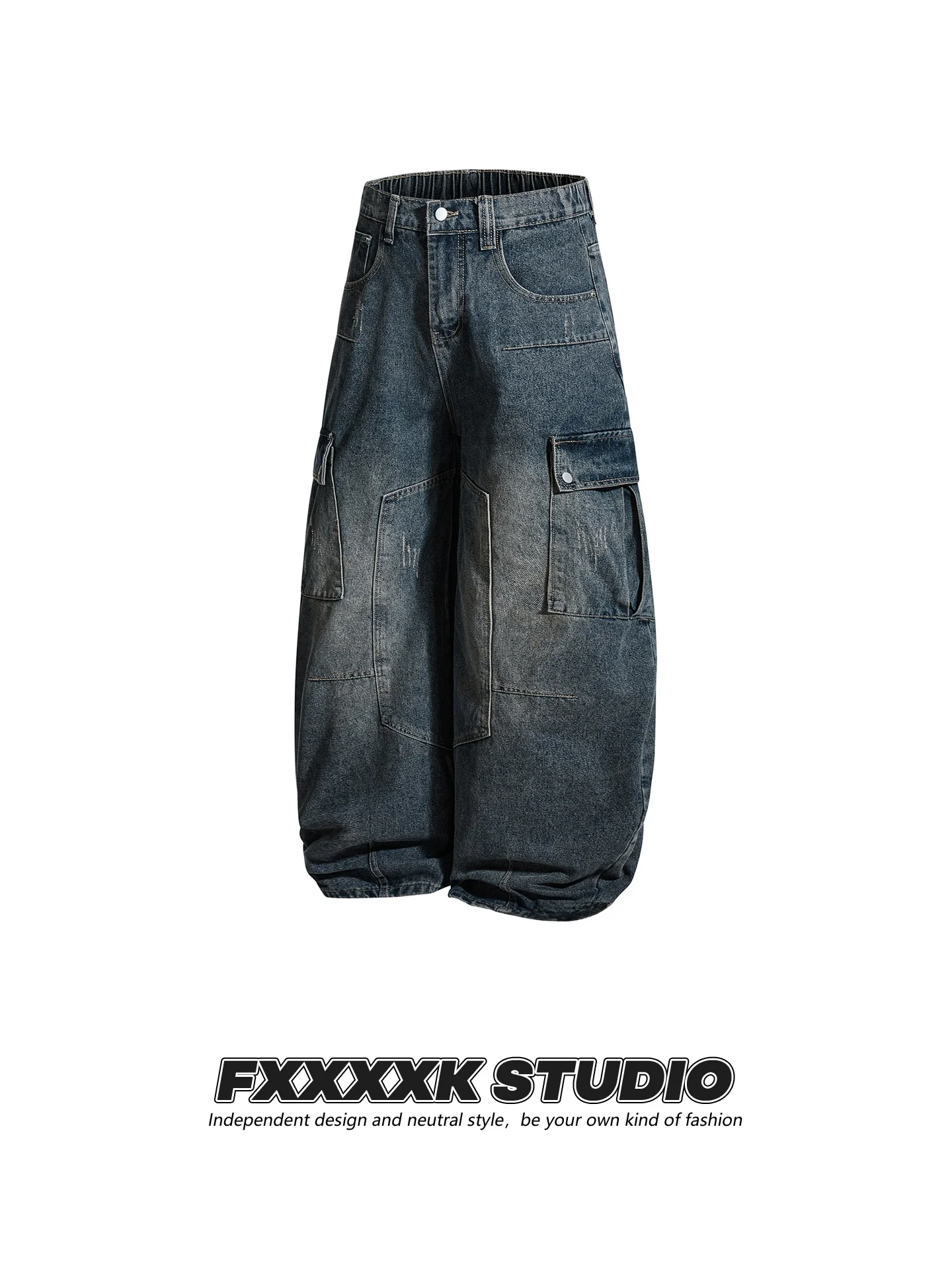 

FXK оригинальная американская рабочая одежда в стиле ретро с большой талией, свободные джинсы в стиле хип-хоп с широкими штанинами, длинные брюки с высокой талией и застежкой-молнией