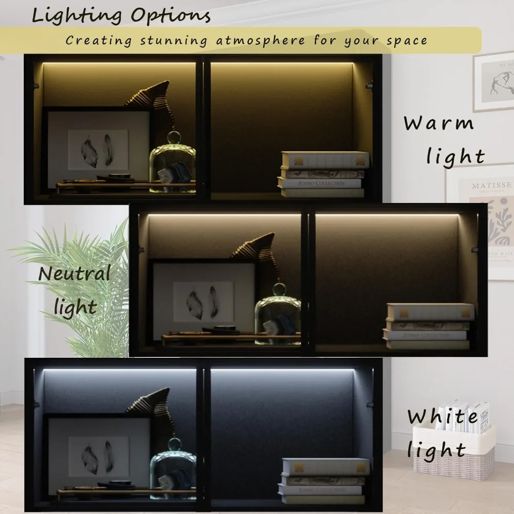 "خزانة عرض كبيرة بباب زجاجي مقاس 78.7 بوصة مع مساحة تخزين من 5 طبقات وأضواء LED ورف كتب أسود طويل القامة مع مساحة تخزين"