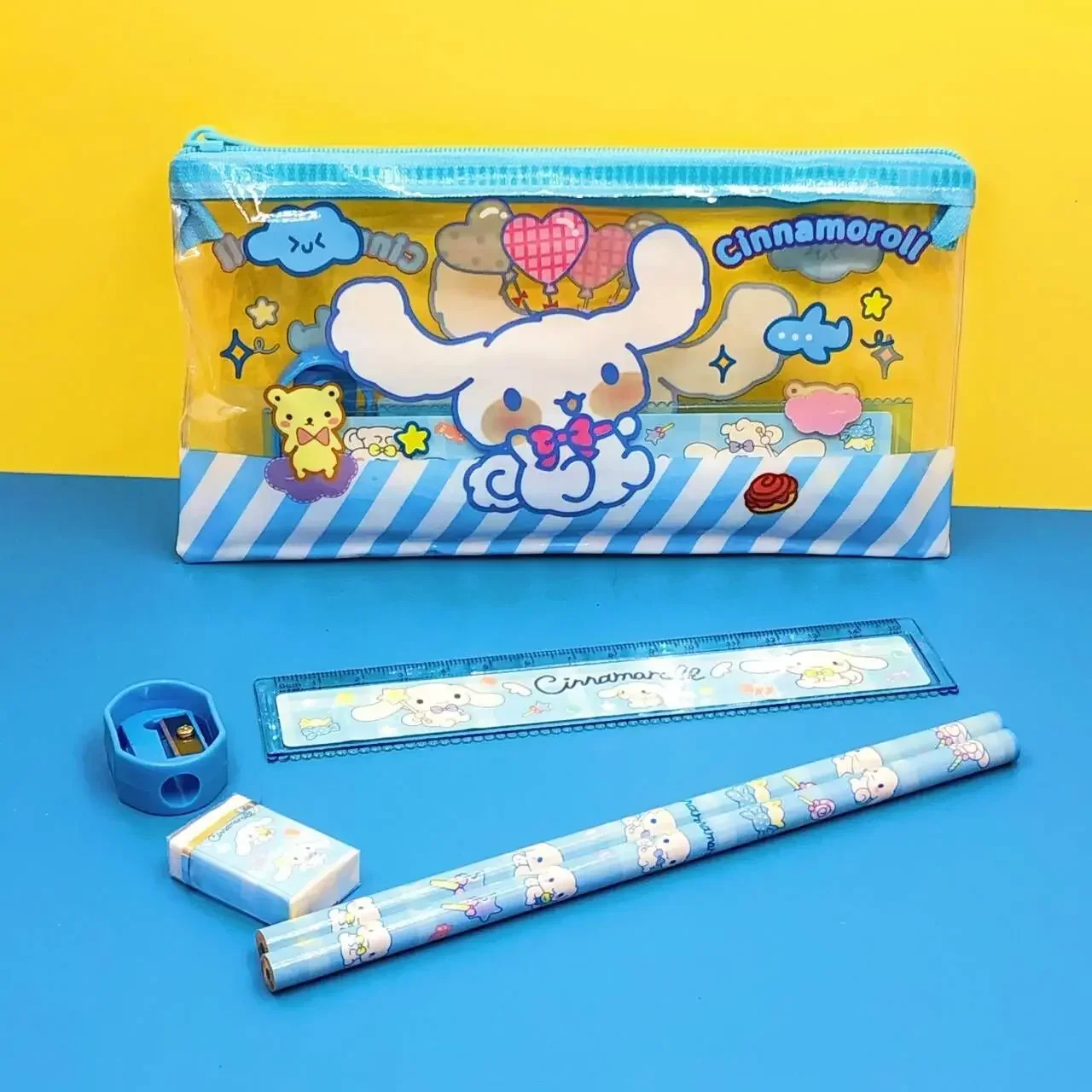 

6pcs/set Anime Sanrio Melody Kuromi Stationery Set Cinnamoroll Student Cartoon Pencil Eraser Ruler Pen Bag Storage Set School