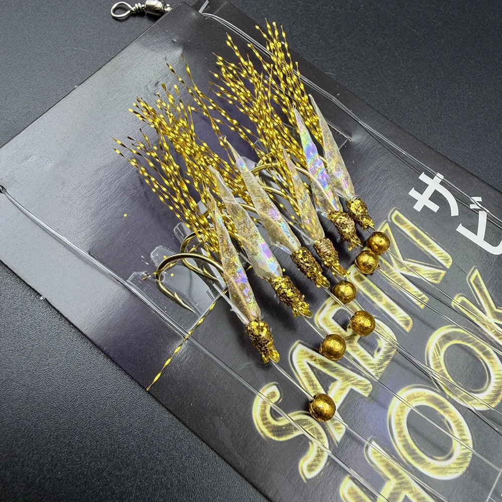 1 Packung/10 Packungen Gold SABIKI Rig – Schwarzes Karpfenleder + Goldfaden, Goldhaken, Salz-/Süßwasser, für Makrelen & Sabiki-Fische – Detail 3