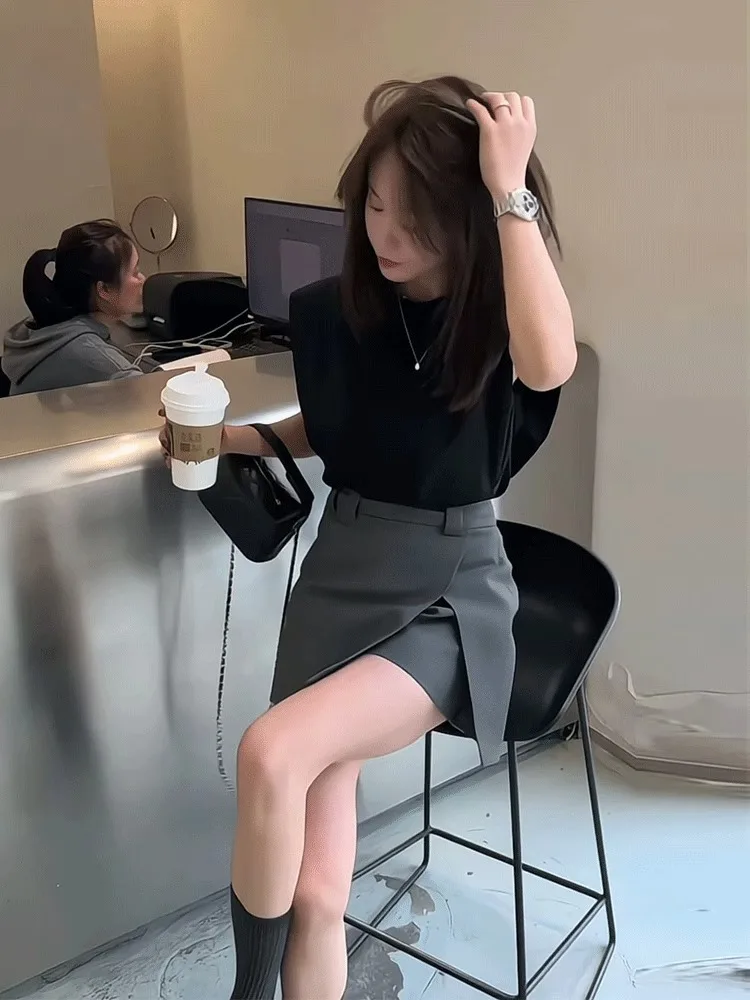 Camiseta Coreana Sle Slim Fit ort Sve para mujer, novedad de verano, falda dividida f Body Faionable, conjunto de dos piezas informal holgado