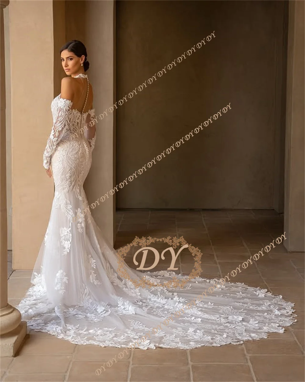 

DY Luxury Ivory Long Sleeves Mermaid Lace Appliques Wedding Dress Sexy High Neck Pleat High Side Train Gowns Customized ﻿