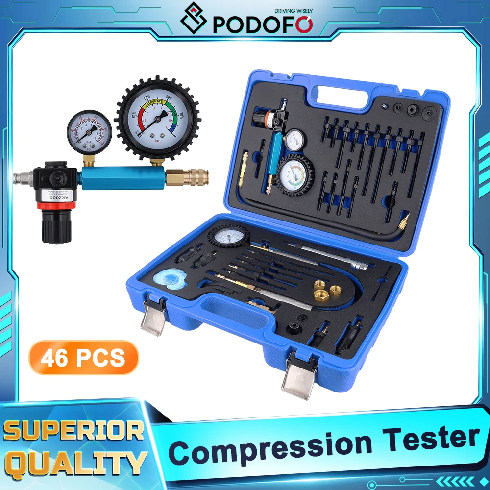 Podofo, kit de 46 pièces comprenant un testeur de compression du moteur, un testeur de perte de pression et un ensemble d'outils de diagnostic, adapté aux moteurs diesel et essence, pour la réparation et l'entretien quotidiens des véhicules.