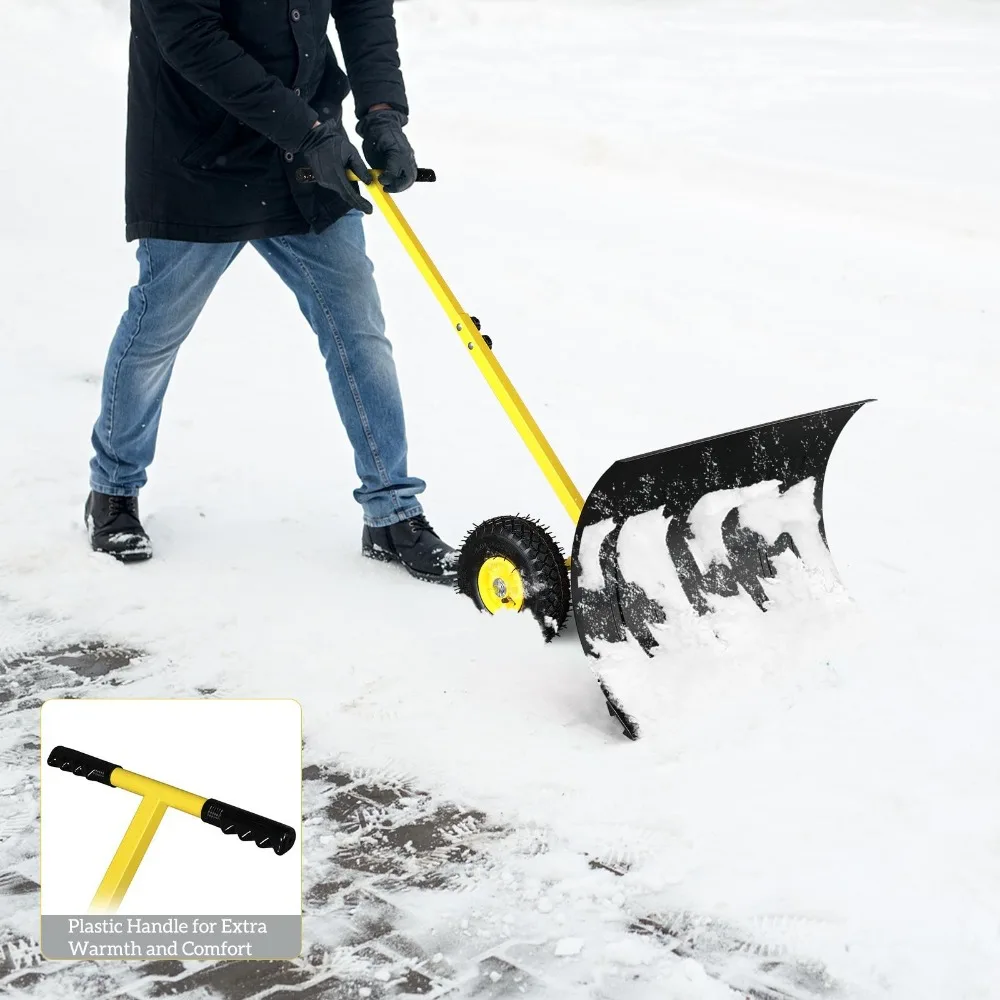 

Wheeled Snow Shovel Rolling Snow Pusher Snow Removal w/ Adjustable Angle Handle