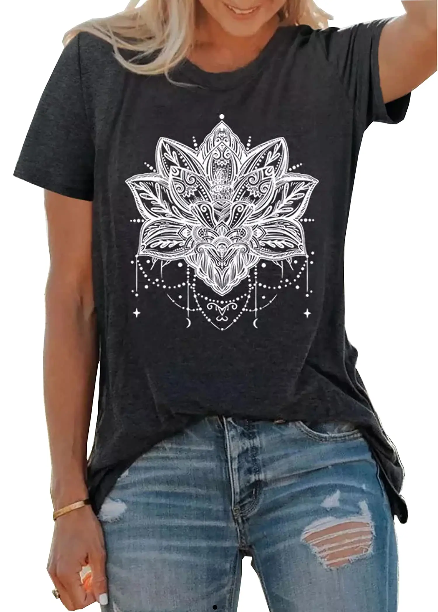 Shirt for Women Lotus Flower Graphic Tees Short Sleeve Casual Mandala T Shirts Top 51673