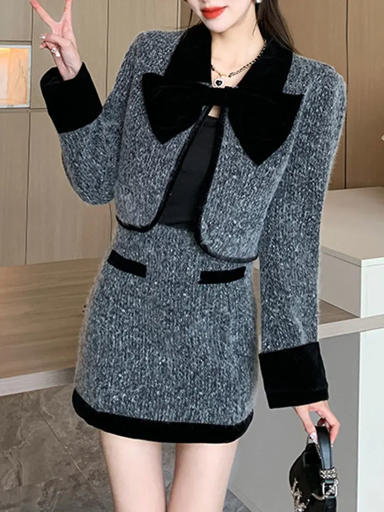 Traje de lana Retro francés para mujer, Chaqueta corta de manga larga con lazo de solapa y falda a la cadera, conjunto de 2 piezas, color gris oscuro, otoño e invierno, 2023