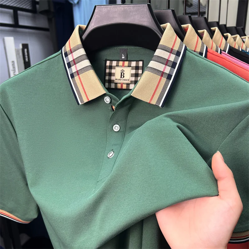 High end silky cotton breathable short sleeve polo shirt men's summer new trend plaid lapel designer brand casual golf T-shirt image 3