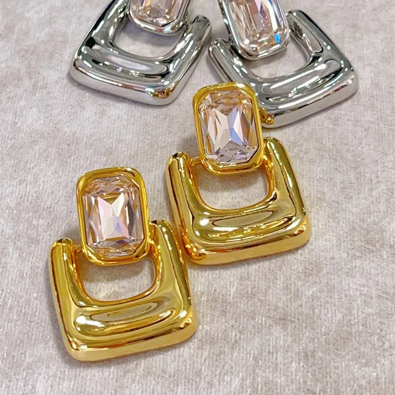 Vintage Geometric Metal Smooth Square Crystal Earrings for Women Europe And America Personality Exaggerated Party Jewelry Gifts - view 4