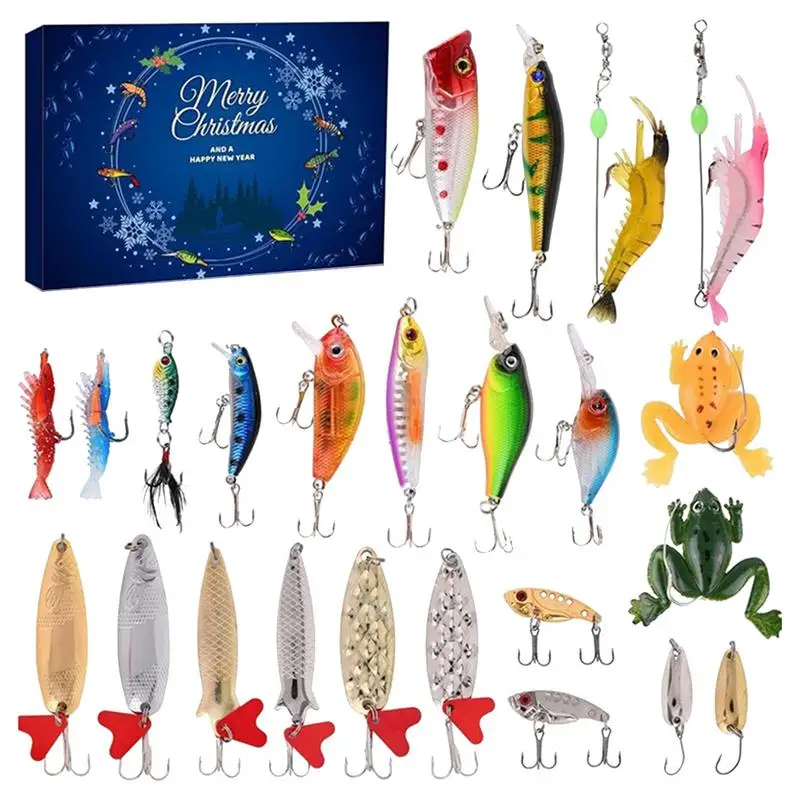 Fishing Advent Calendar 24-Day Fishing Calendar Countdown Calendar Holiday Countdown Fishing Lures Set Freshwater Fishing Lures