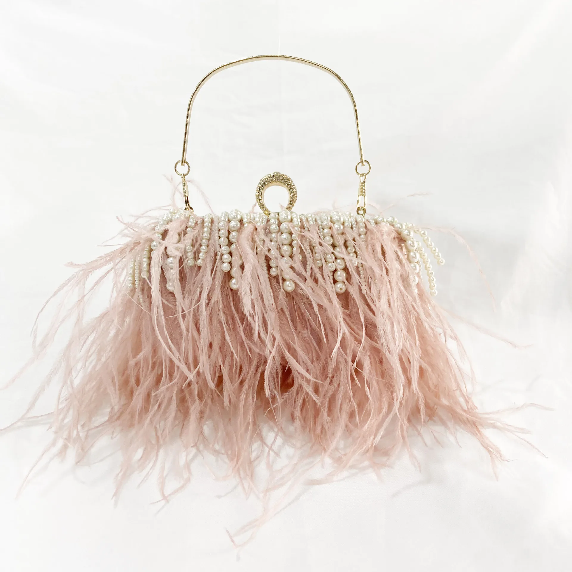 Women Shoulder Bag Pearl Luxury Ostrich Feather Handbag Evening Bags Ladies Messenger Bag Purse Pink White Dinner Party Clutches