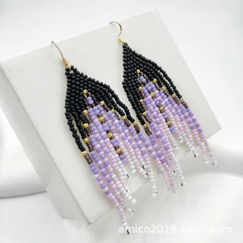 Beaded earrings Tassel Gradient Geometry Originality Design Hand knitting Bohemia Alloy Tide Simple Rice bead earrings