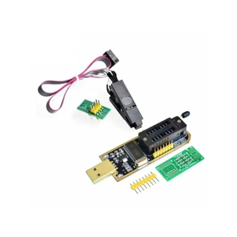 مبرمج USB CH341A مطلي بالذهب للوحات الأم وأجهزة التوجيه وأجهزة الكريستال السائل + مشبك اختبار SOP8 غير مدمر