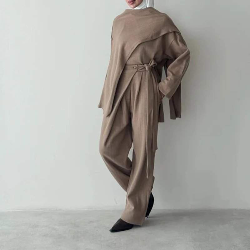 FANAN Office Lady Set da 2 pezzi Pullover a maniche lunghe irregolari da donna Top + Cintura a vita alta Pantaloni a vita raccolta 2025 Autunno Nuovo