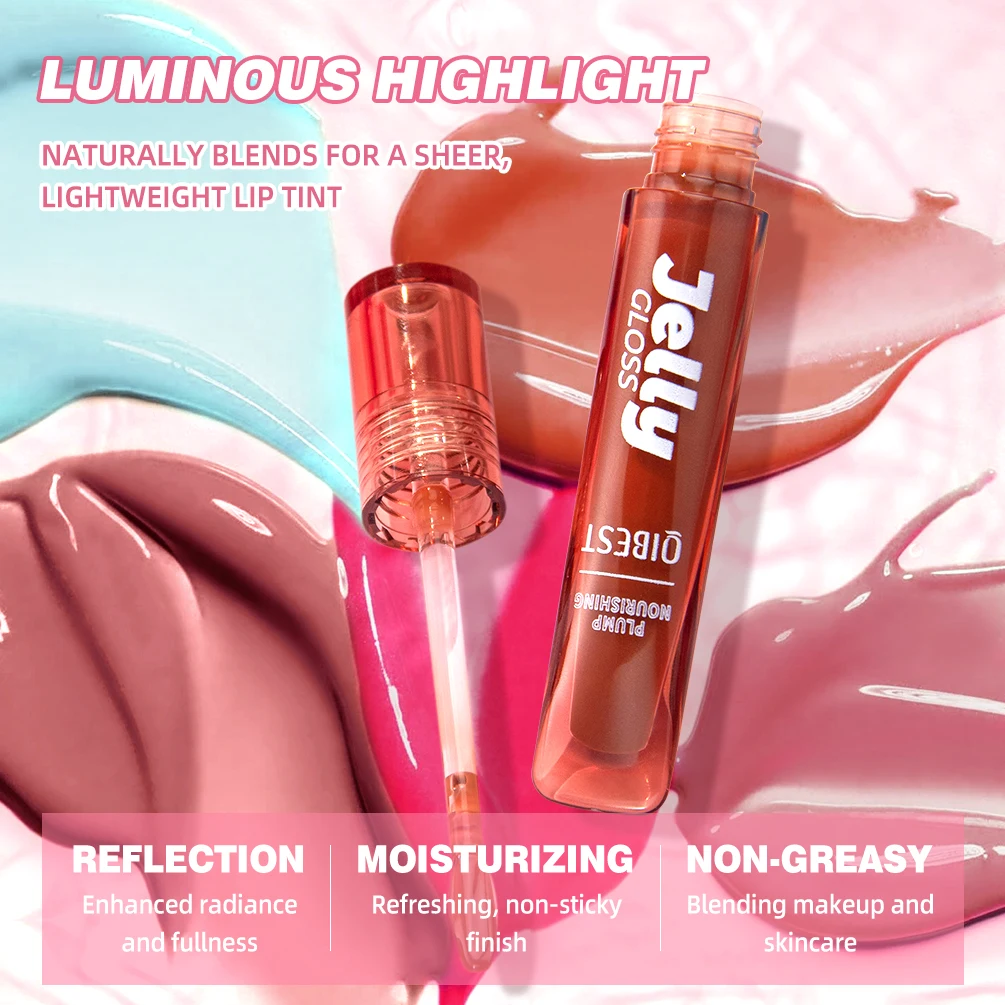 QIBEST Mirror Pearl Jelly Lipgloss Moisturizing Lasting Lipstick Hydrating Lightweight Lip Glaze Jelly Pout Lip Tint Cosmetics