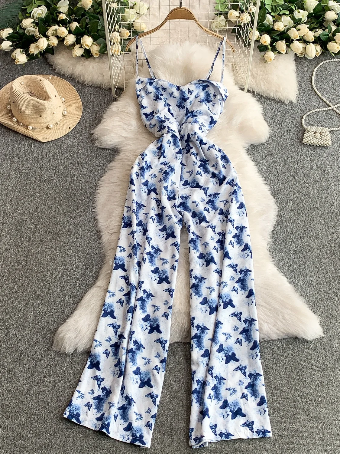 

Slimming Wide Leg Pants Gown Fem Faion Water-Media Print ter Ne Design High Waist Pleated New Arrival