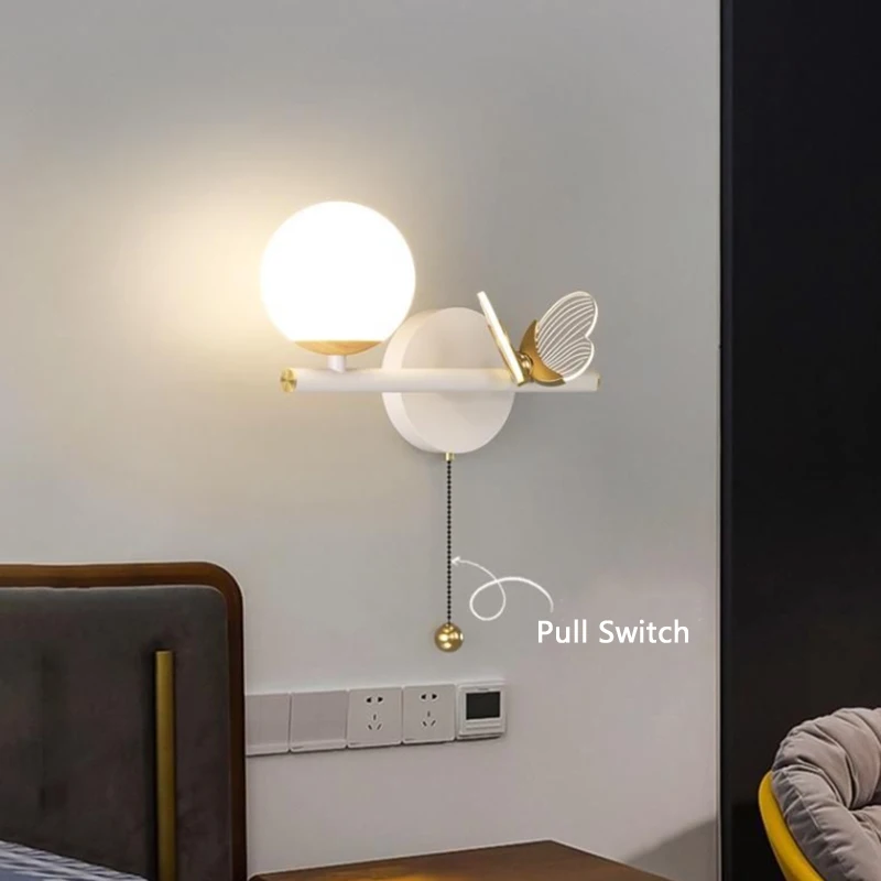 Nordic Butterfly Glass LED Wall Light Modern Living Bedroom Foyer Ball Sconce Wall Lamps With Pull Switch Bedside Stair Lights