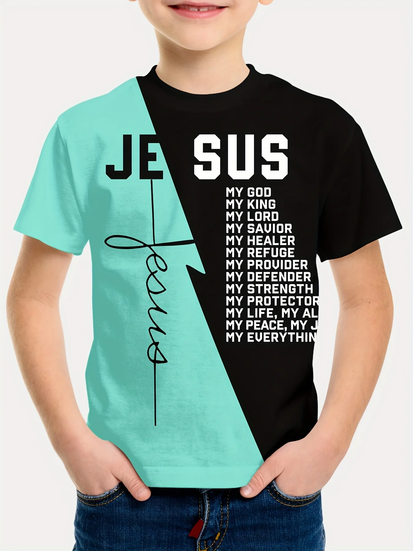 

Simple design children's crew neck short-sleeved top JESUS letter digital print children's comfortable crew neck short-sleeved