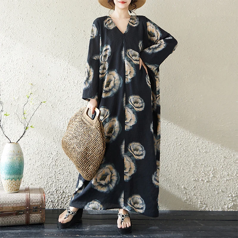 

plus Size Original High-End Long Sleeve Loose Cotton Linen Print Slimming V-Neck Dress Women's City Walk Artistic Style Spring
