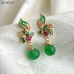 Copper Flower Green Dangle Post Earrings For Women Zircon Stones Glass Beads Vintage Fashion Jewelry Elegant Accessories C1724