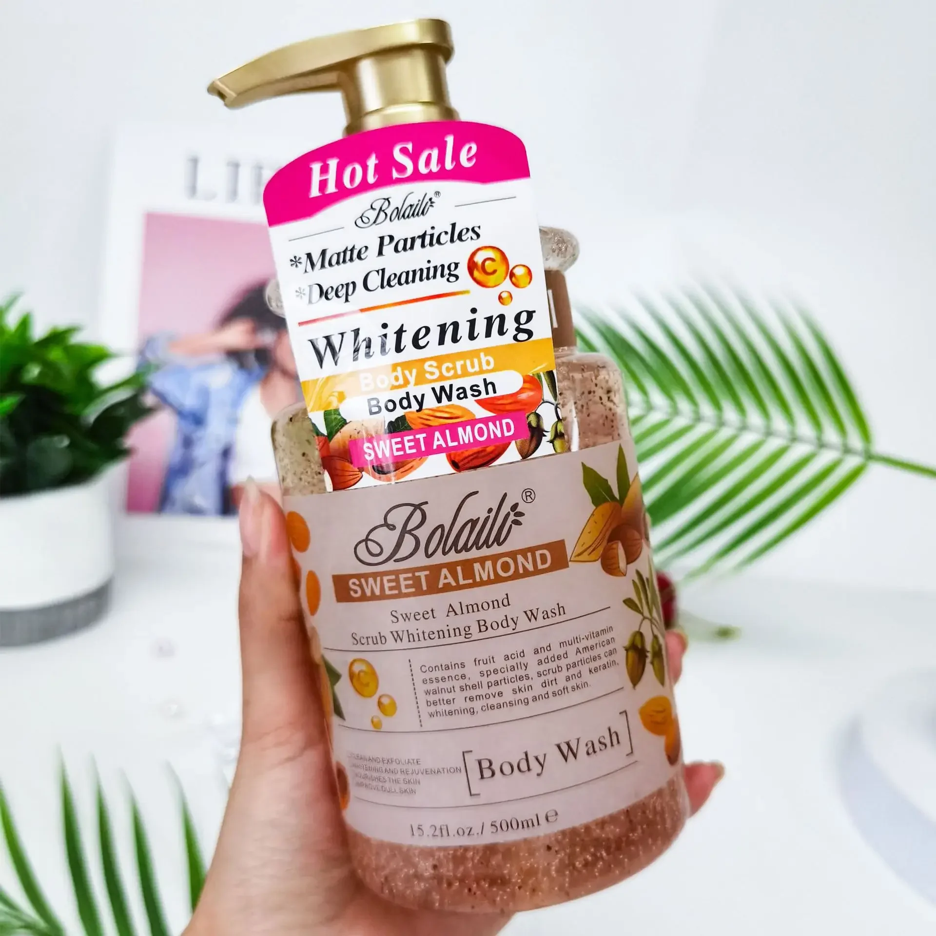 Sweet Almond Whitening Body Wash, Esfoliante Hidratante Esfoliante, Clareamento da pele, Aumentar o brilho da pele, 500ml