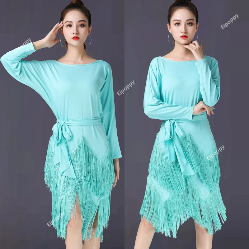 

New Latin Dance Dress Women Adult Sexy Bodycon Batwing Fringe Dress Autumn Winter One Size Fits All Dance Clothes Women