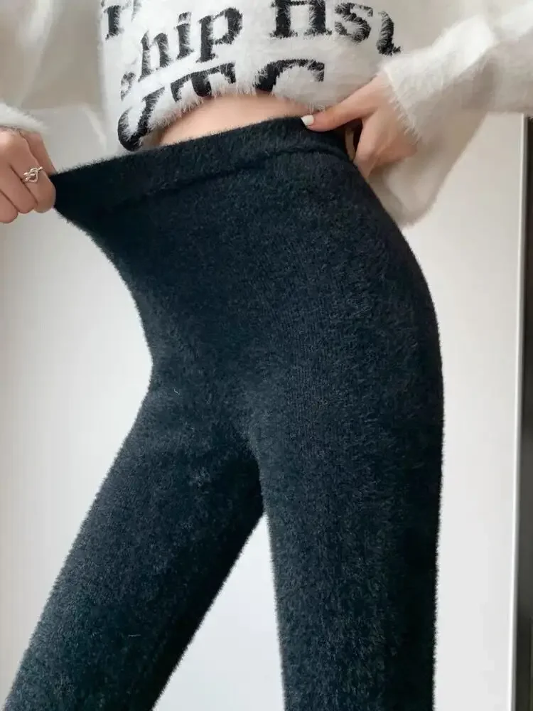 سميكة الدافئة الأرنب الفراء المرأة الخريف الشتاء عالية الخصر سليم صالح بسط طماق غير رسمية السراويل تشديد شكل الجسم #2