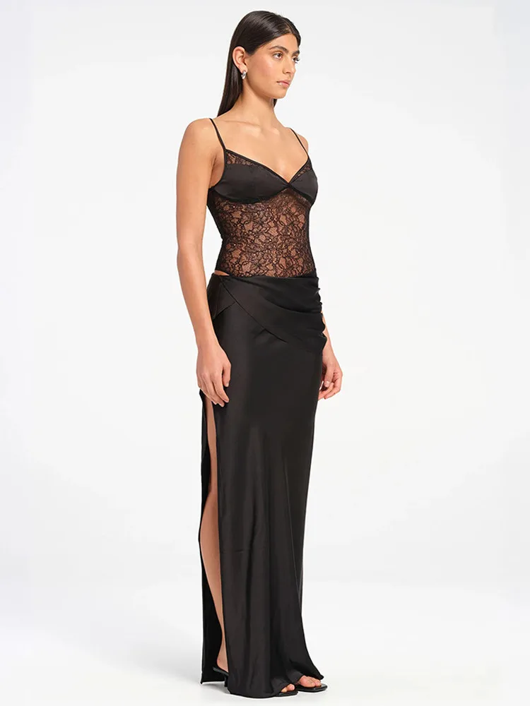 Apprabant Sheer Lace Patchwork Satin Split Slip Maxi Dress Sexy Cut Out V-Neck Backless Slim Evening Strap Long Dress Partywear