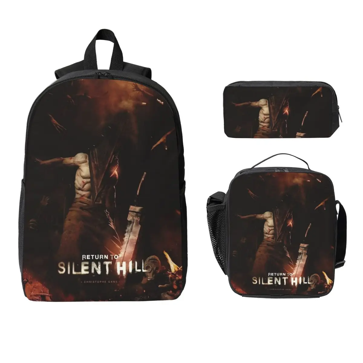 3Pcs Return To Silent Hill Movie 2026 Backpack Set for Children Pen Bags Bookbag Sets with Lunch Box For School Students Daypack