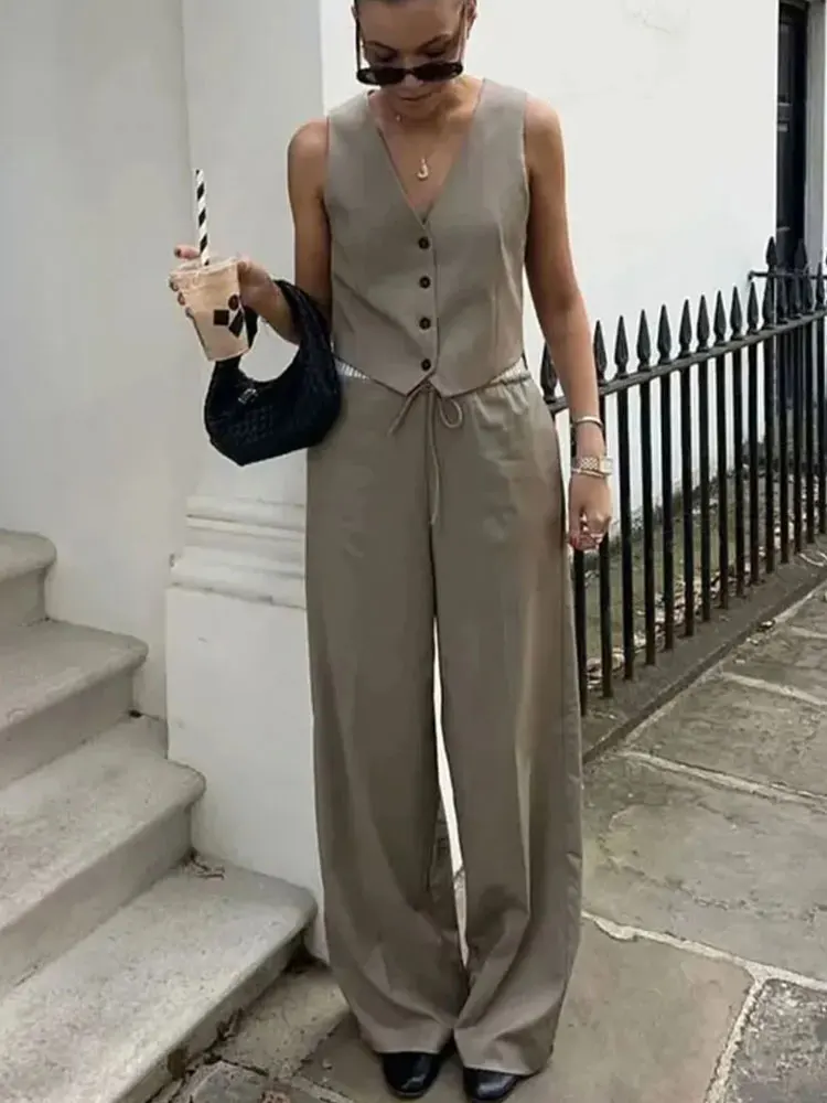 2024 Women\'s Solid Trousers Sets V Neck Commute Vest Top + Elastic Waist Drawstring Causal Female Wide Leg Pant Street