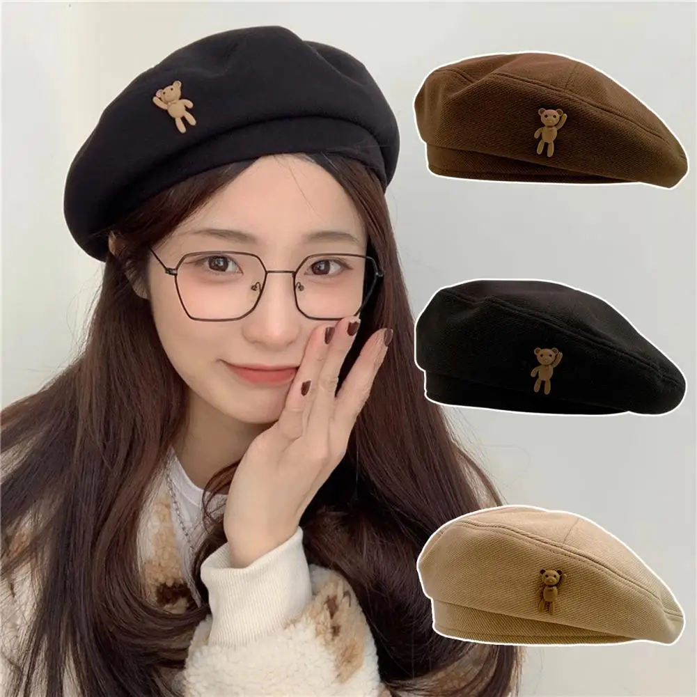 

Autumn Winter Bear Decor Painter Hat Flat Dome Thickened Fleece Lining Warm Women Solid Color Beret Hat Fashion Accessories