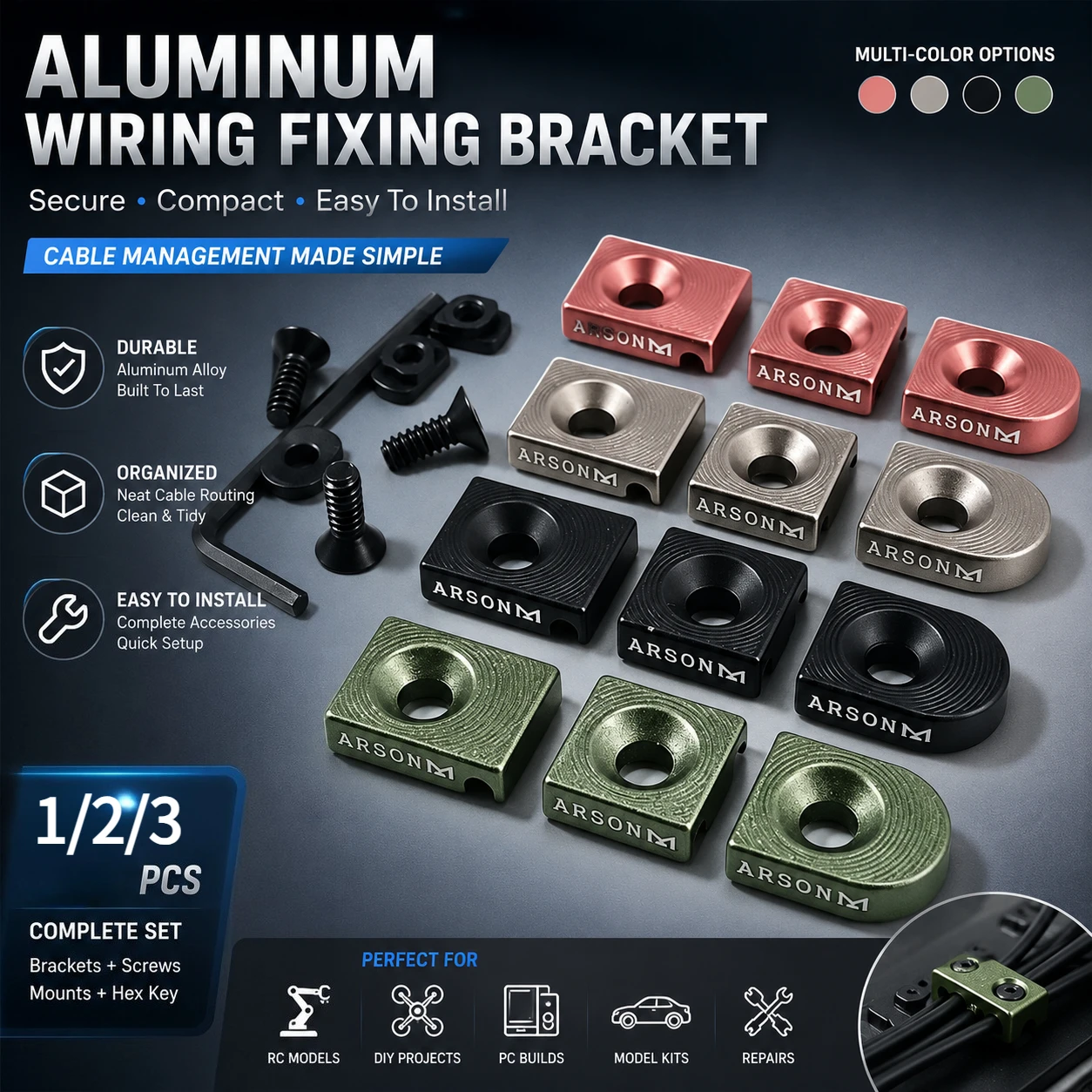 Square Aluminum Alloy Cable Retaining Bracket Kit 4 Matte Colors Fasteners & Allen Wrench Included Hobby Model