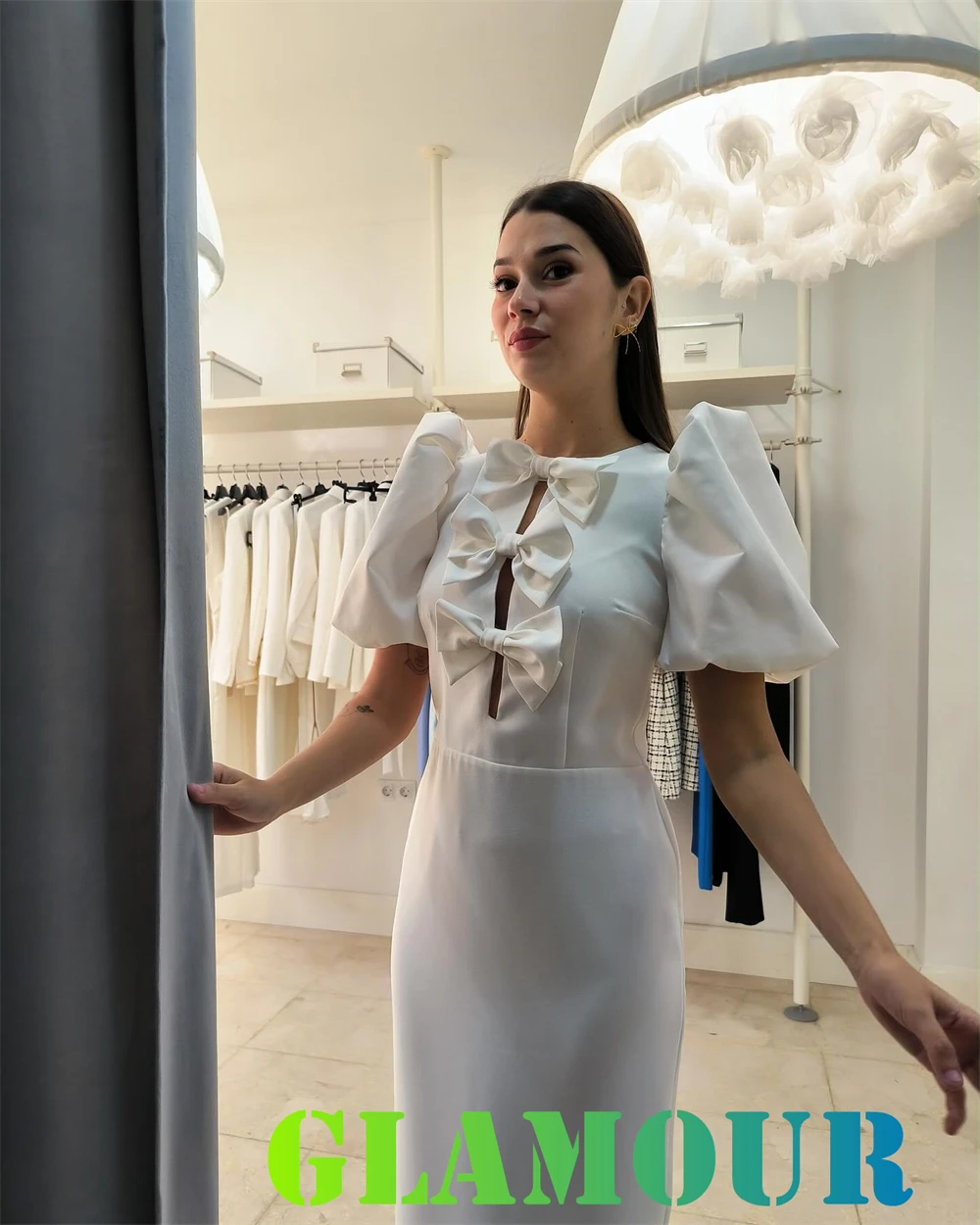 Moda personalizada camisa branca vestido de noite clássico tripulação pescoço mangas curtas vestido de baile luxo vestidos de ocasião especial