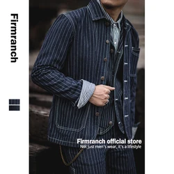 Firmranch Men High Quality Primary Color Denim jacket American Vintage Casual Wear Amekaji Retro Stripe Motorcycle Cargo Coat