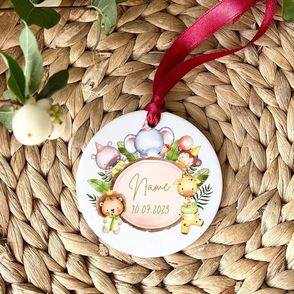 Personalized Baby Ornament Custom Safari Animals Wreath Photo Prop Newbron Photography Accessories Infant Birth Ceramic Ornament