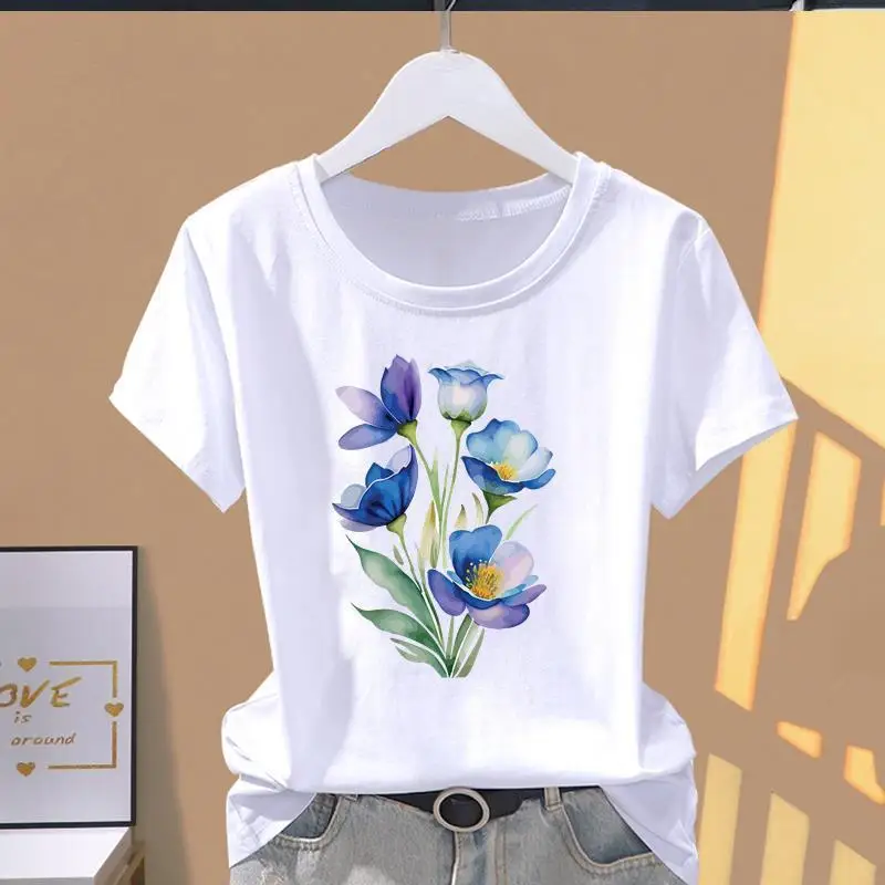 

Pure Spring Summer Cotton Women's T-shirts Print Colorful Beautiful Flowers & Butterfly Loose And Slimming Design Trend Clothes