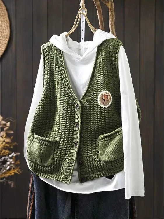 Ceco de Hilo de Aodón Tejido a Mano para Mujer, Hoado, Informal, con Doble Bolsillo, Cuello en V, para la Temporada de...