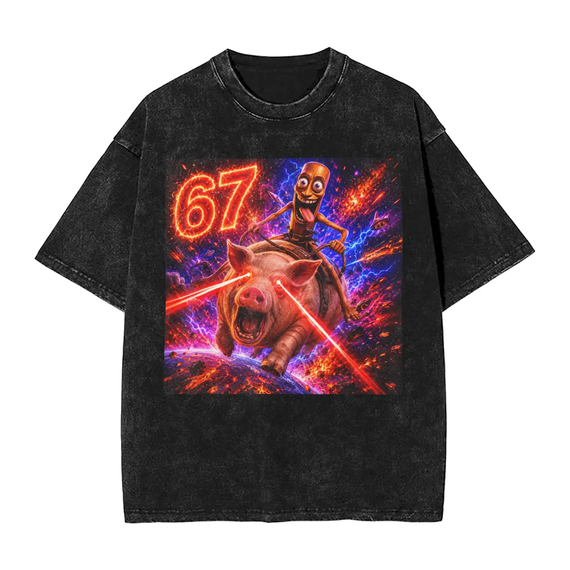 Tung Tung Sahur Ride John Pork 67 Funny Brainrot Meme Galaxy Washed T-Shirt Mens Y2K Classic Casual T-Shirts Harajuku Tee Shirt