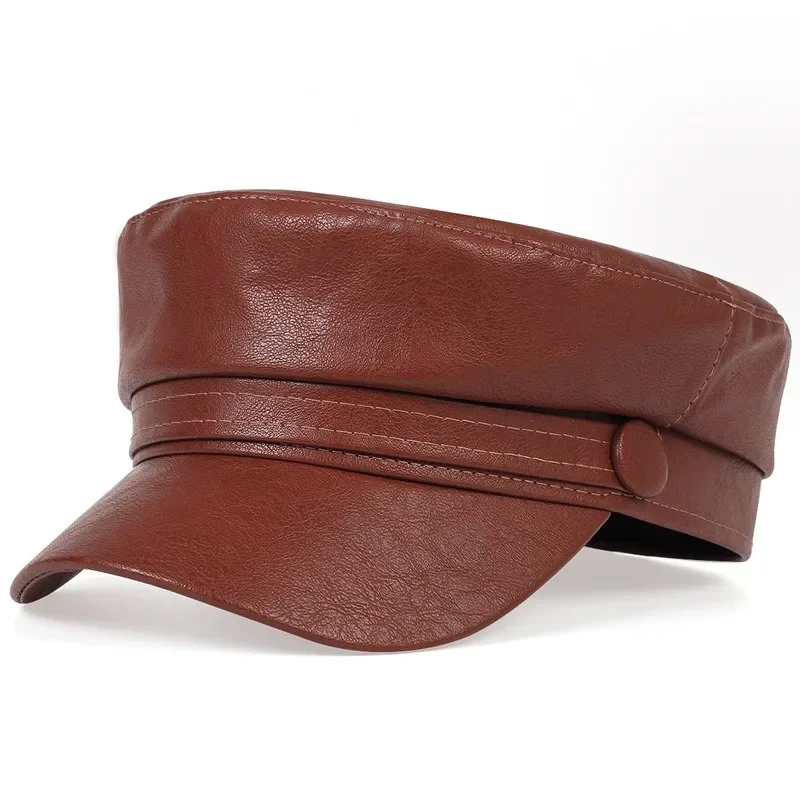 Ladies New Trendy Casual Pu Leather Flat Top Beret Women Men Octagon Hat Hot Sale